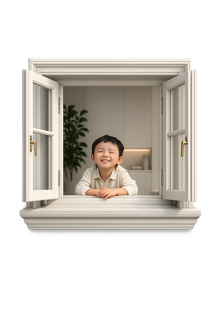 A child smiling from an open window at home